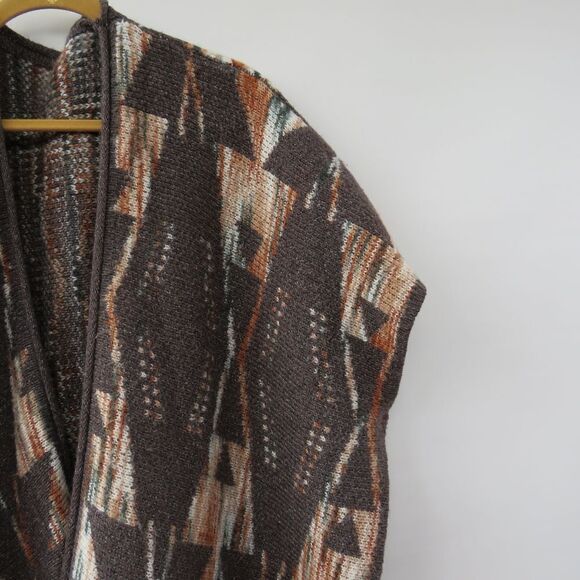 Boho Southwestern Women Size Large Open Front Gray Neutral Beige Fringe Poncho - Picture 4 of 12